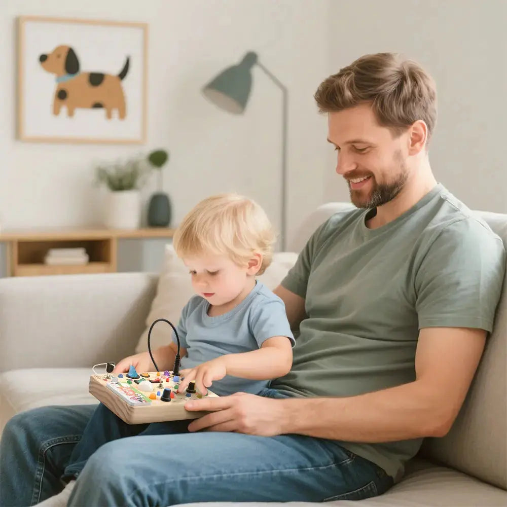 Papa et enfant avec le tableau d'activités
